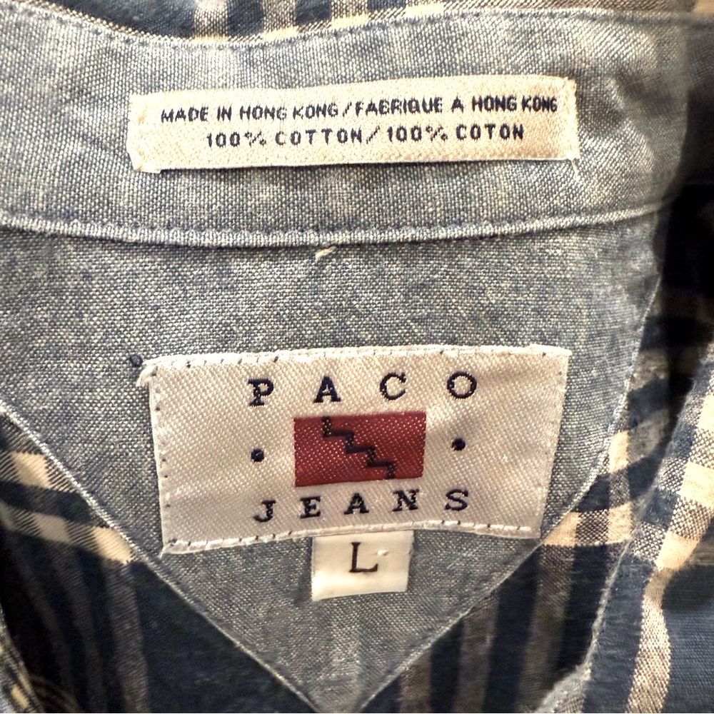 Paco Jeans Vintage Long Sleeve Button Down Shirt Blue White Plaid Size Large - Picture 5 of 5